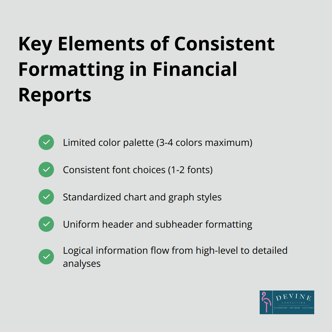 Checklist of essential elements for maintaining consistent formatting in financial reports - finance report design