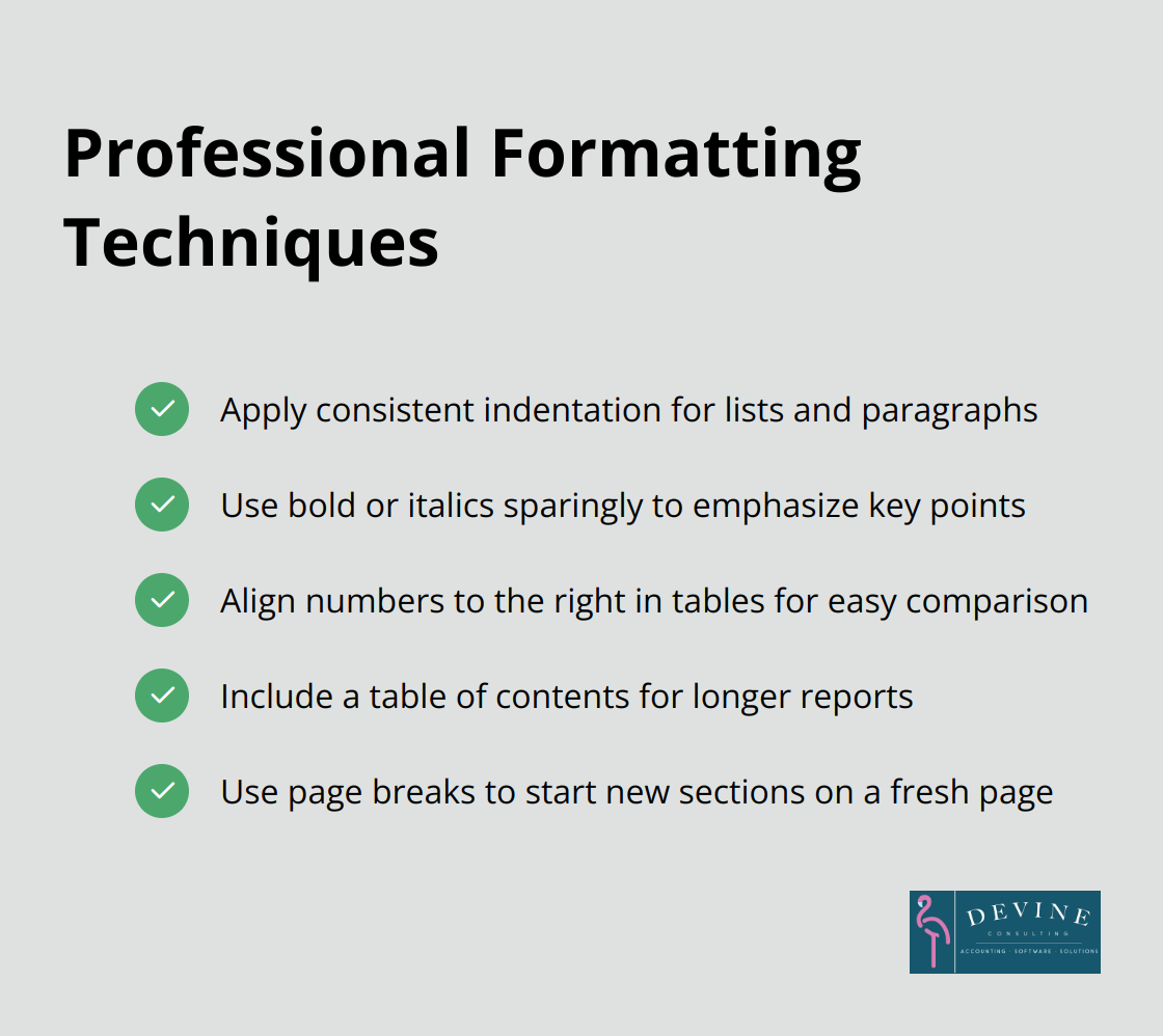 A checkmark list showing five professional formatting techniques for finance reports: consistent indentation, sparing use of bold or italics, right-aligned numbers in tables, table of contents for longer reports, and page breaks for new sections.